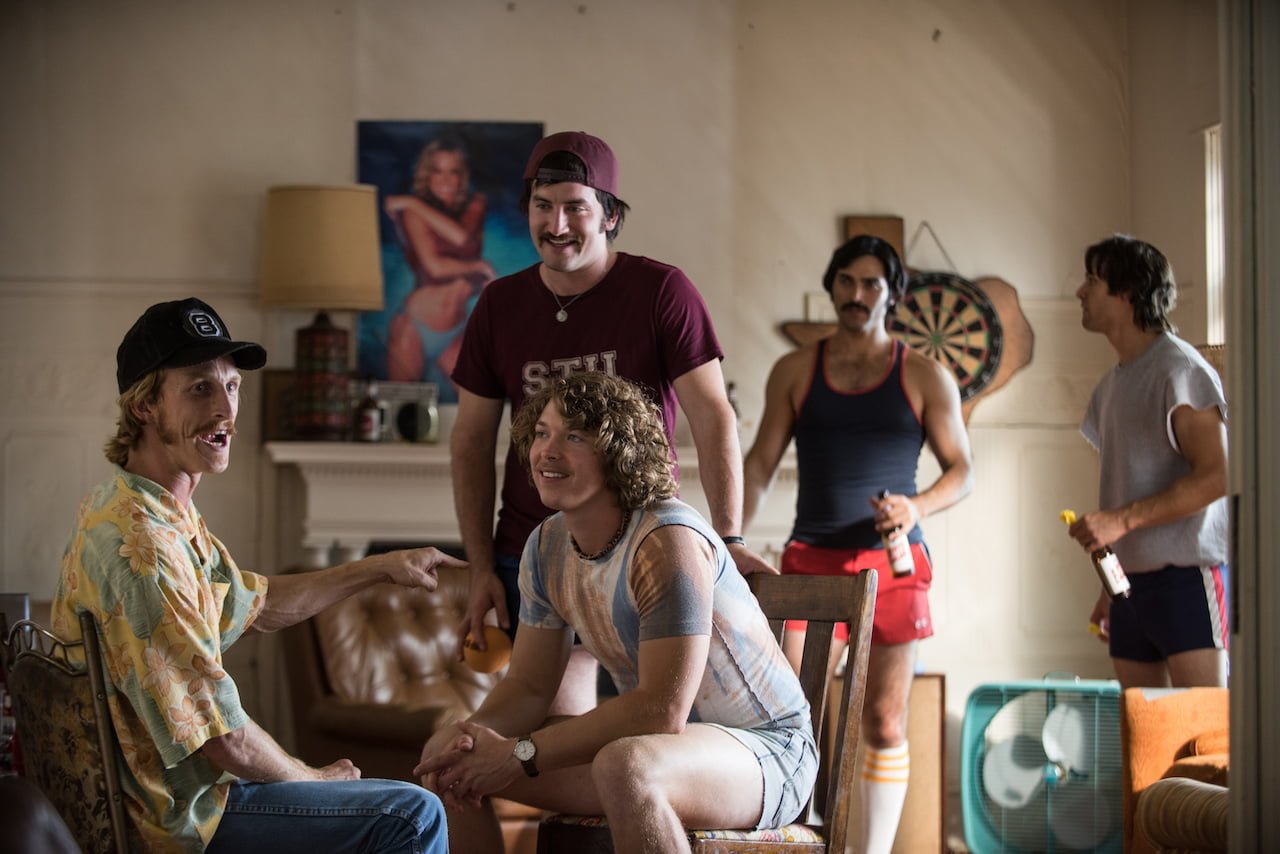 Left to right: Austin Amelio plays Nesbit, Tanner Kalina plays Brumley, Forrest Vickery plays Coma, Tyler Hoechlin plays McReynolds and Ryan Guzman plays Roper in Everybody Wants Some from Paramount Pictures and Annapurna Pictures.